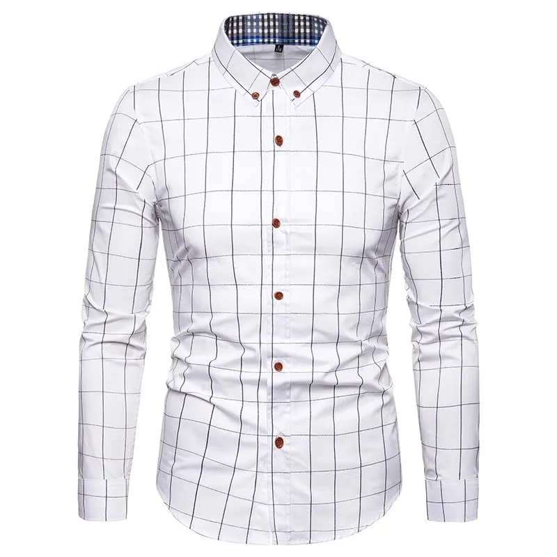 Men Shirt Plaid Print Long Sleeve Autumn Shirt Button Single-breasted Formal Top Mid Length Dress-up Men Business Shirt
