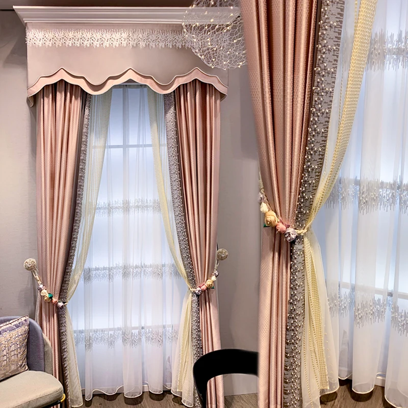 

Pearls Sequins Embroidered Luxury Pink 75-90% BlackoCurtains for Living Dining Room Bedroom Pink Valance