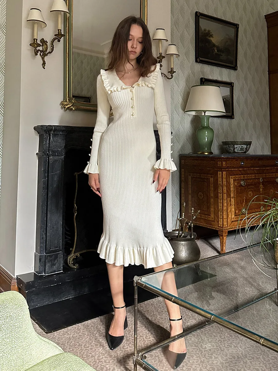 

Women Elegant Ruffled Sweater Dress Sexy Long Sleeve Button Slim Knitted Midi Dresses Autumn Winter 2023 Vintage Party Vestido