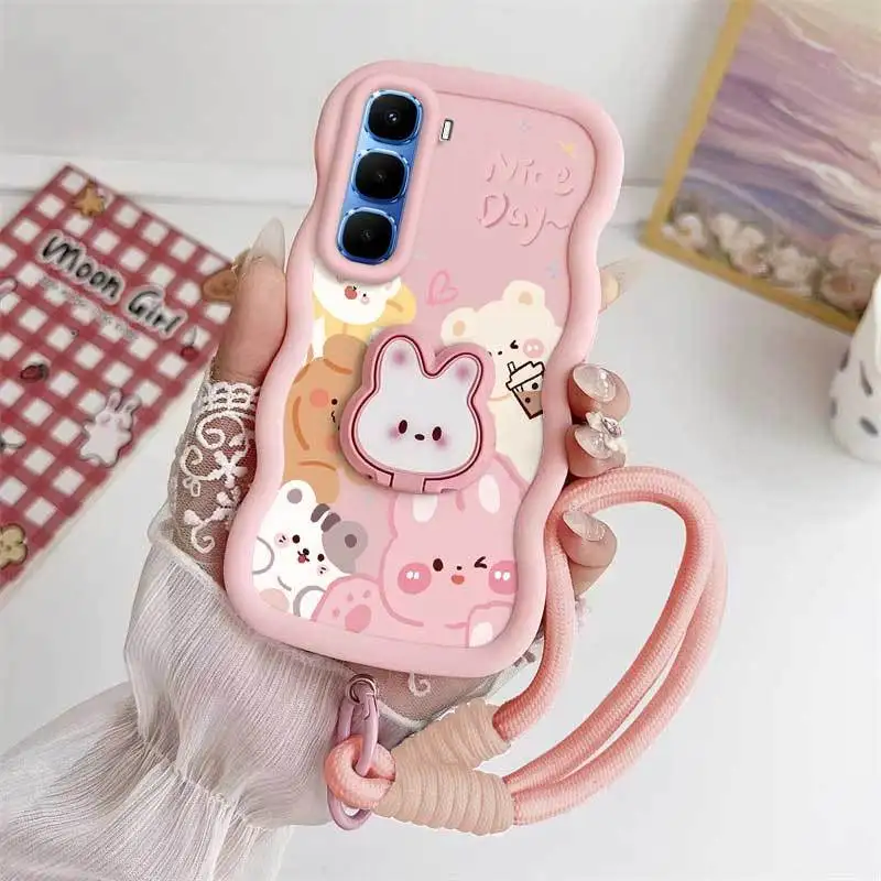 Cute Cartoon Animals Phone Case Set with Lanyard and Rabbit Stand – 3-Piece Bundle