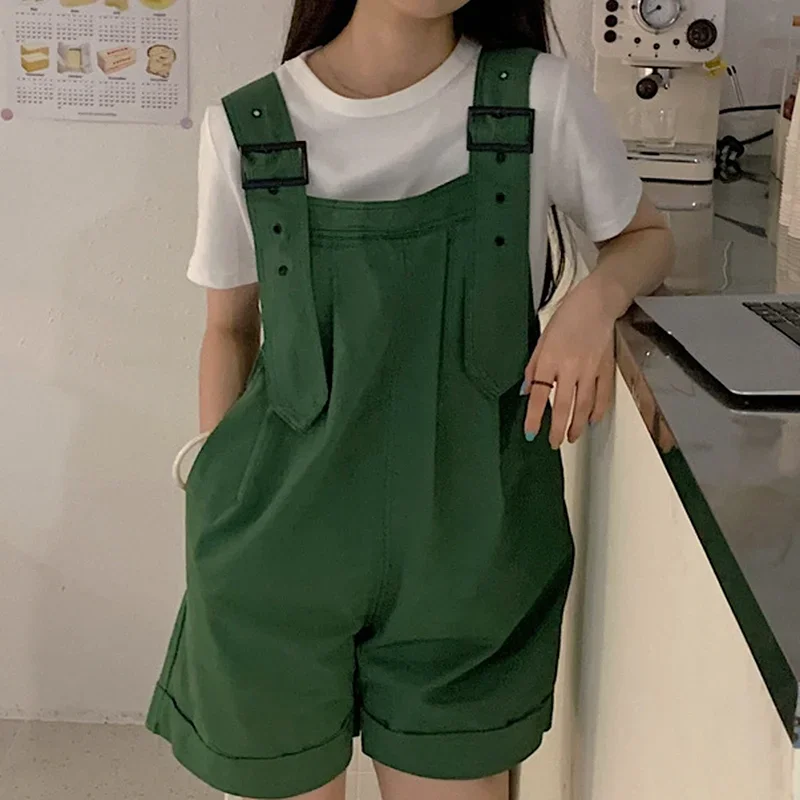 Summer Romper Ladies Solid Student Cute College Style Loose Wide Leg Pants Ulzzang Waist High Series Female Fashion Clothes