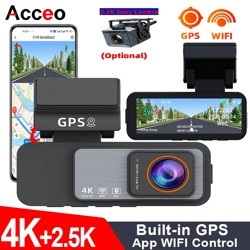 아세오 4K+2.5K GPS WiFi 지원 듀얼 렌즈 전후방 카메라 차량용 DVR 비디오 레코더 블랙박스 후방 카메라