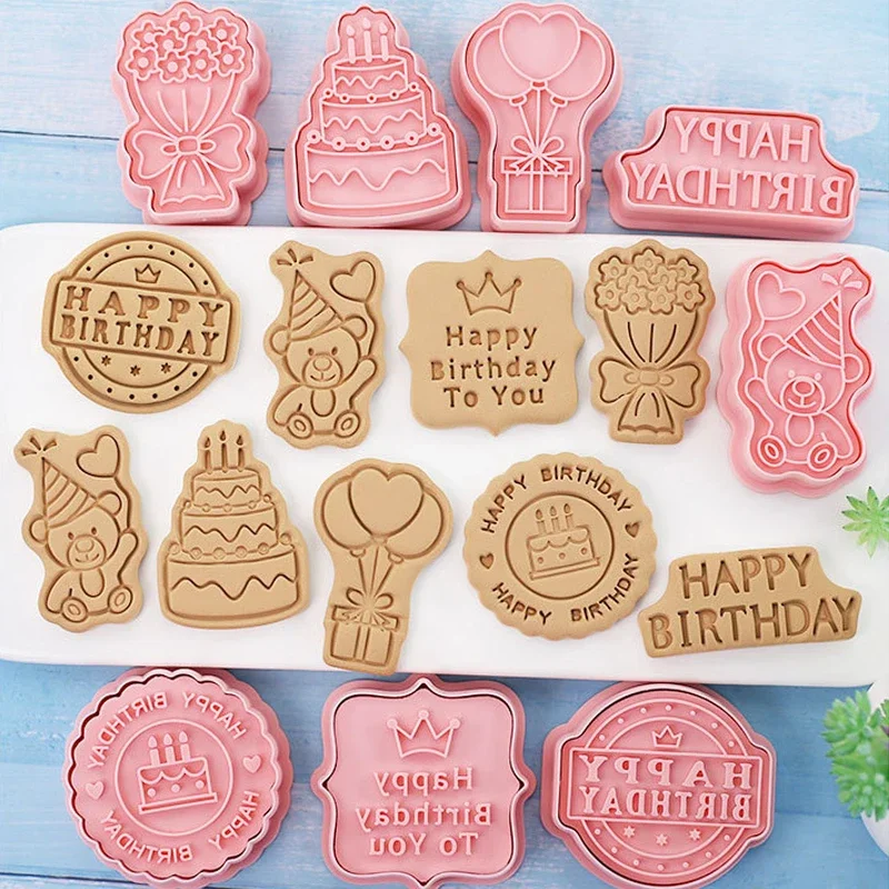 Cookie Cutter Set 8Pcs Happy Birthday Theme Cake Bear Flower Biscuit Mold Cookie Stamp Baking Pastry Bakeware for Birthday Party