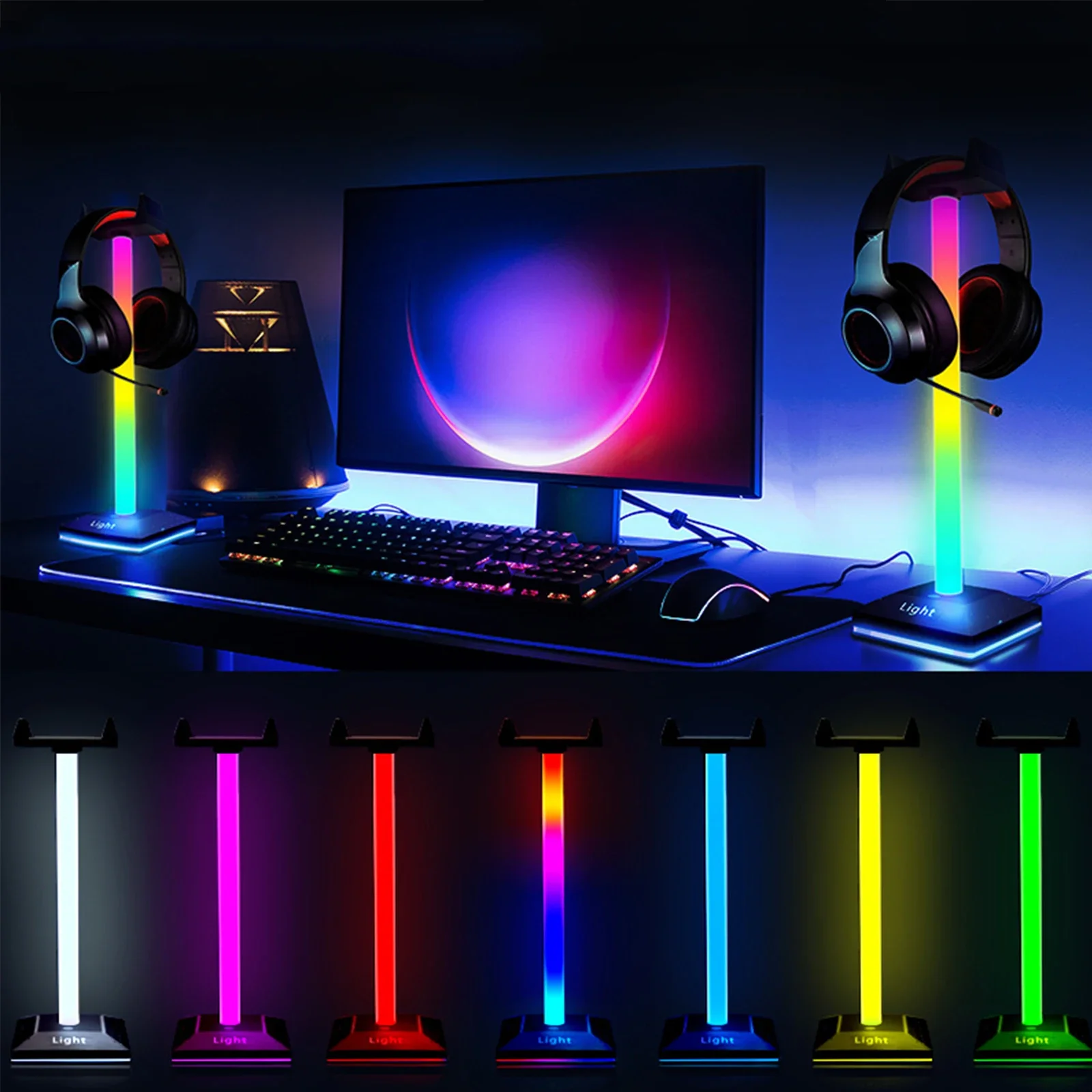 

10 Light Modes RGB Desk Lamp Gaming Headset Holder Headphone Stand Touch Control Light PC Earphone Hanger USB Charging Port