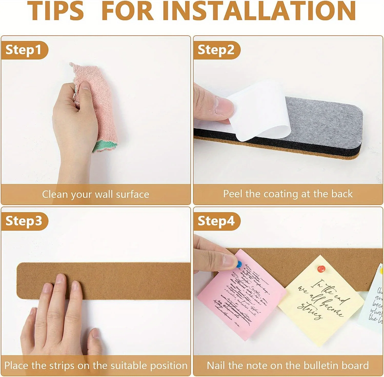 Description Picture 3 of item6PCS+35pins Frameless Cork Bulletin Board Strips for Home refrigerator Office Decoration Message Board cork board wall stickers