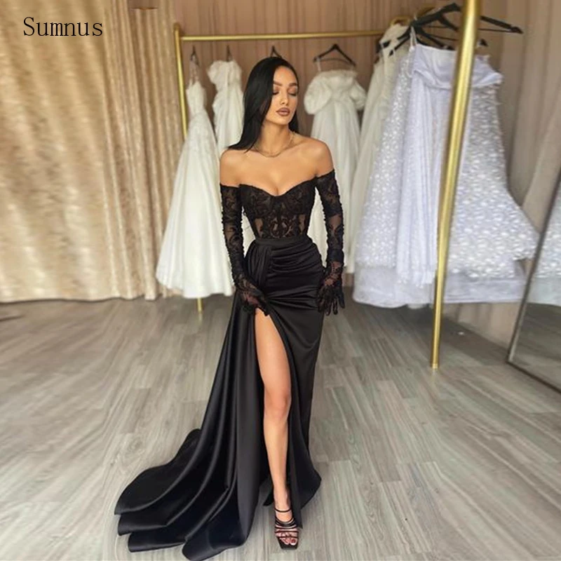 

Sumnus Black Sexy Prom Dresses Appliques Lace Strapless Satin High Slit Pleat Evening Gowns Party Dress Robe De Soirée 2023