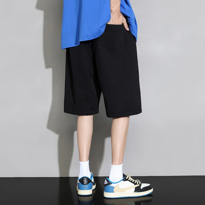 Fashion Spliced Printed Letter Casual Denim Shorts Men's Clothing 2024 Summer New Loose Elastic Lace Up All-match Knee Shorts