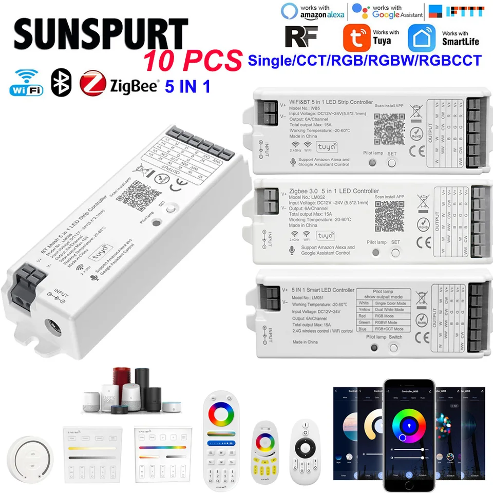 SEZO WB5 5in1 WiFi Bluetooth LED Controller Auto-Synchronisation Kompatibel mit Alexa/Google Home/Tuya Smart Life APP Steuerung für Monochrome RGB RGBCCT RGBW LED Streifen DC12-24V