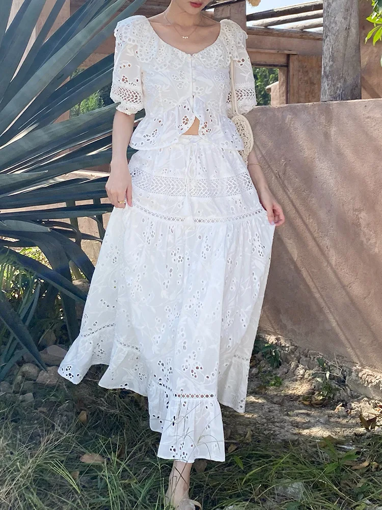 GypsyLady French Chic Embroidery Maxi Skirt White Casual