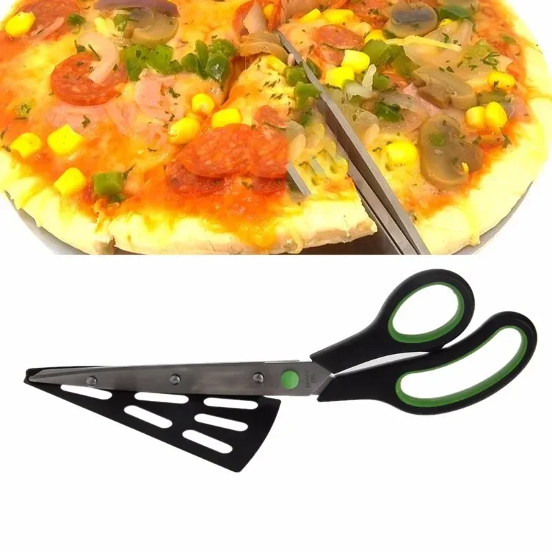 2 In 1 Multifunctional Scissors Pizza Slicer Cutter Server Tray Pizza Shovel Tool Kitchen Cook Gadget Stainless Steel