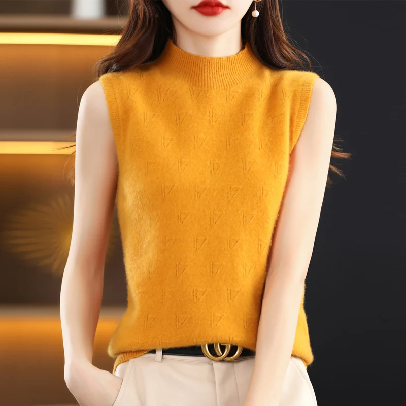 

Spring Style Pure Wool Sleeveless Vest Women's Loose Semi-high Neck Hollowed-out Sweater Versatile Thin Knit Wool Sling