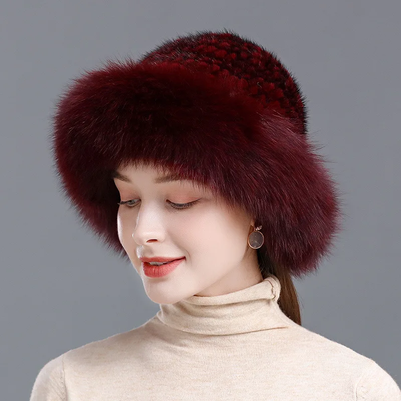 

Women Real Mink Fur Bomber Hat Winter Genuine Fox Fur Knit Caps Warm Ear Protection Luxury Fluffy Mink Hats Elastic Bowler Hat