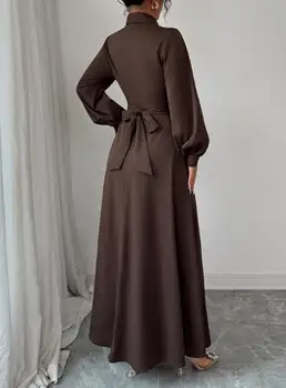 Abito a maniche lunghe abbottonato semplice e alla moda per abbigliamento da donna Autunno e inverno Nuovi abiti maxi eleganti a vita alta femminili 1