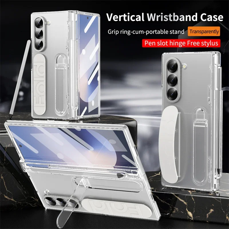 Luxury Wrist Band Holder Hinge Phone Case with Pen Slot & Screen Protector Cover