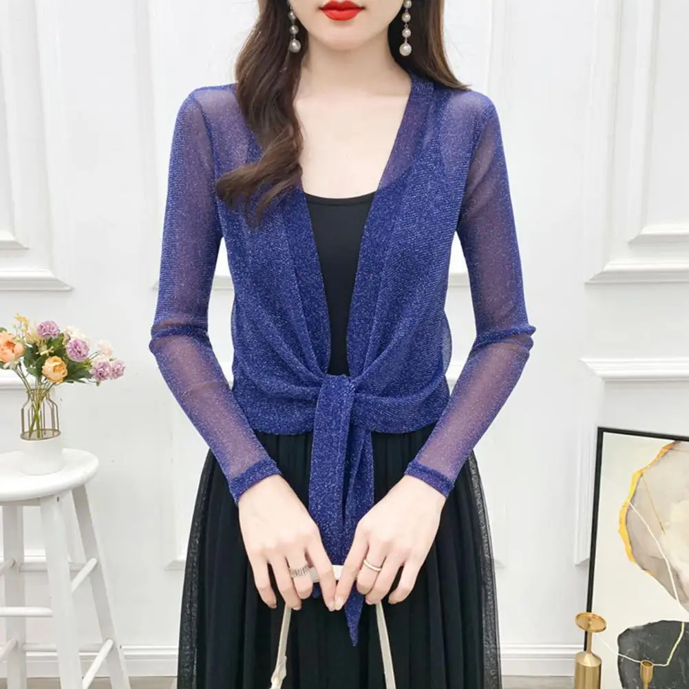 

Women Shawl Solid Color Sun Protection Long Sleeve See-through Cardigan Shirt Dress Matching Party Shawl Clothes Accessory