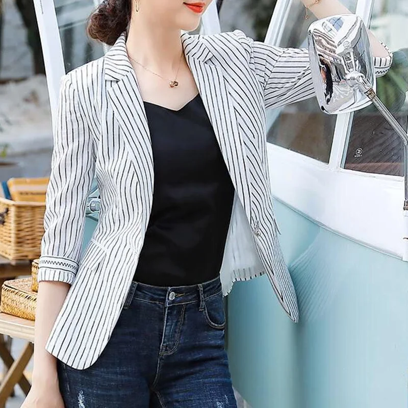 2023 New Spring and Autumn Fashion Elegant and Elegant Commuting Simple Stripe Slim Fit Medium Sleeve Women's Small Suit Coat
