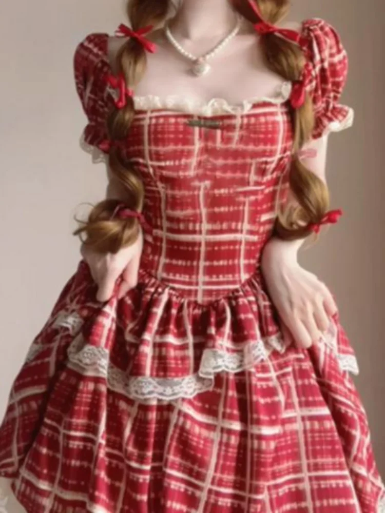 

QWEEK Sweet Kawaii Lolita Dress Plaid Strip Cute Princess Vintage Elegant Party Lace Mini Short Dresses 2023 Puff Sleeve
