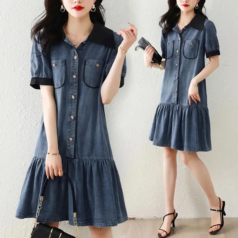 

New Summer Fashion Korean Splice Short Sleeve Denim Dress Women Casual All-MatchWash Jeans Dress Ladies Cowboy Dresses Vestidos