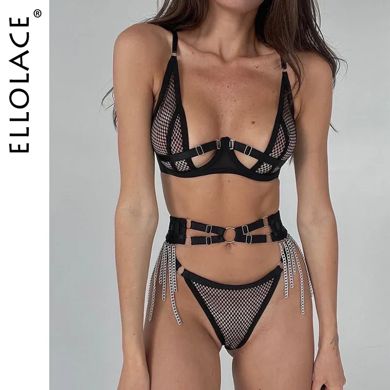 

Сетчатое нижнее белье Ellolace с кисточками, прозрачное нижнее белье, женское нижнее белье с эффектом пуш-ап, 3 предмета, необычный сетчатый наряд, прозрачный сексуальный комплект