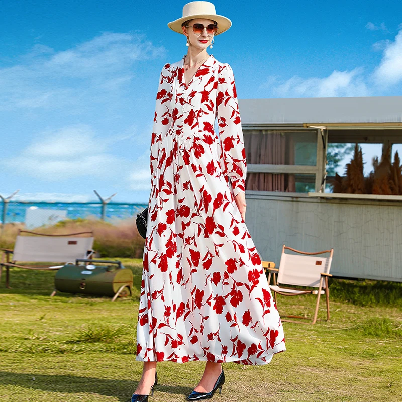

Turn-down Collar Fashion Spring Printed Flower Dress Long Sleeve Women Ball Gown Dress Slim Waist Vacation Photography Clothing