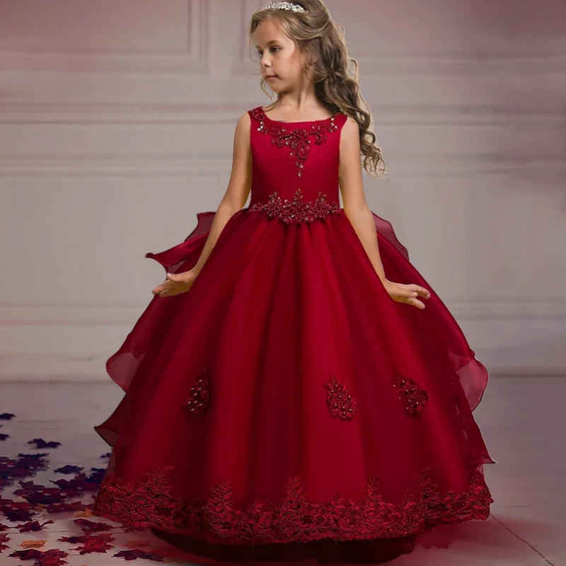 

Trailing Flower Bridesmaid Dresses Elegant Kids Princess Dress For Girls Christmas Long Party Wedding Dress Children Clothing