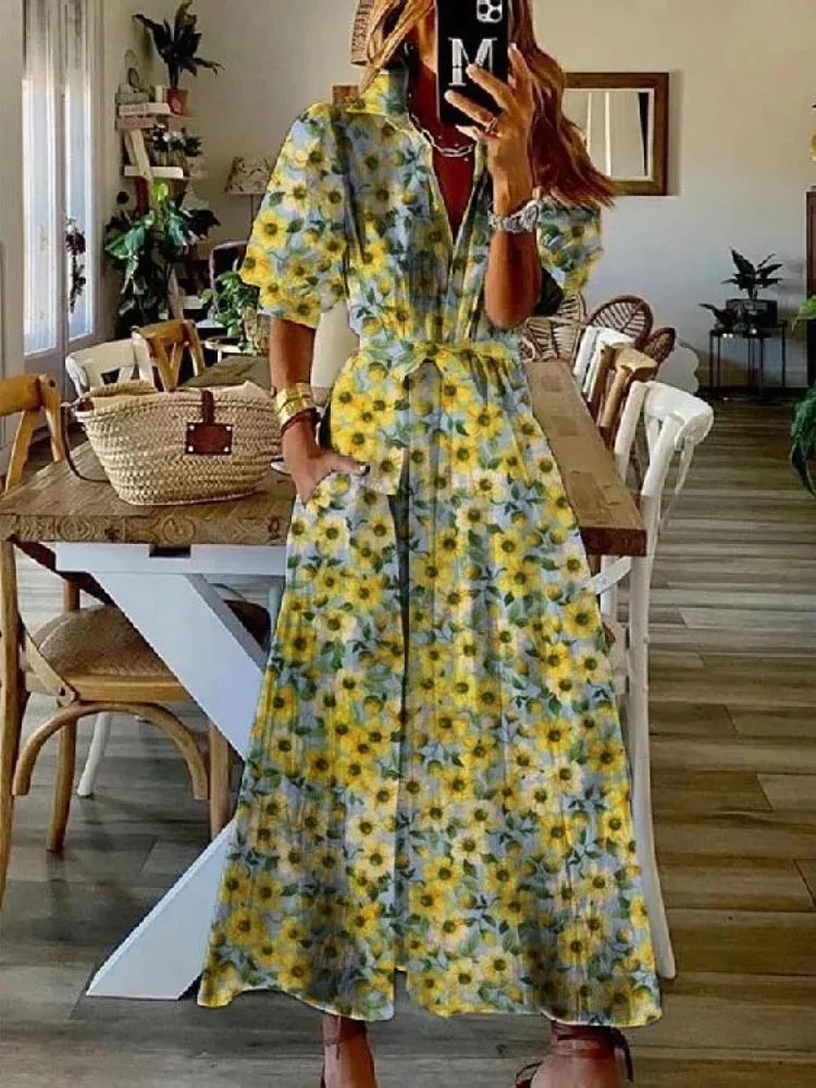 

Spring Summer Bohemian Print Dress Loose Casual Patchwork V Neck Long Dress Women Short Sleeve Button Party Dresses
