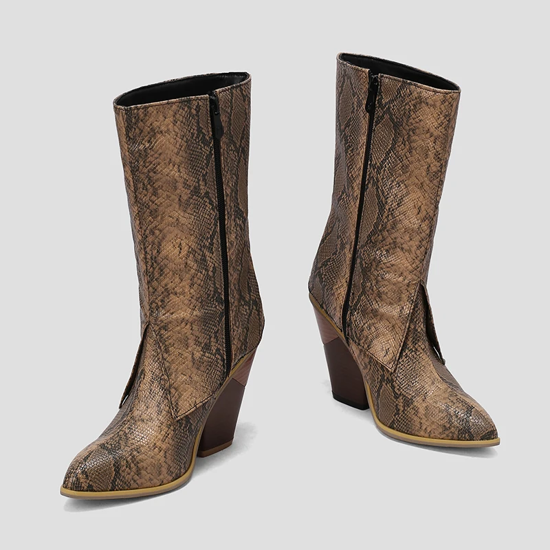 Kcenid Ladies Pointed Toe Solid Mid-Calf Boots Fashion Chunky High Heels women's Cowboy Boots Party Vintage Woman Shoes