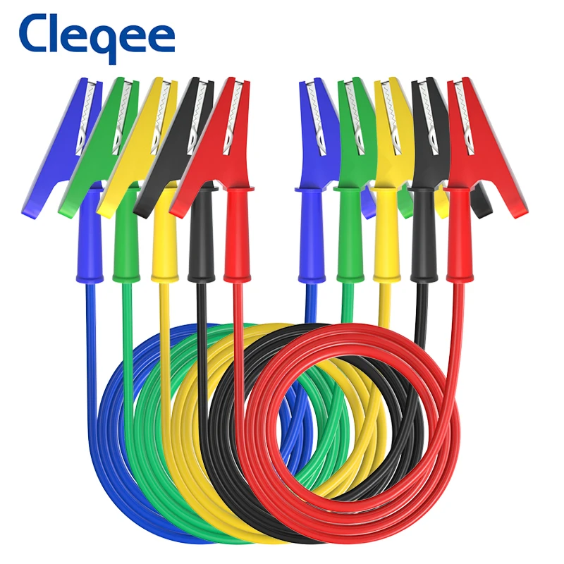 Cleqee P1024DCC 5PCS Power Test Leads 20A Dual Alligator Crocodile Clip Multimeter Cable 0.2/0.5/1/1.5M Cord 1.6mm² Copper Core