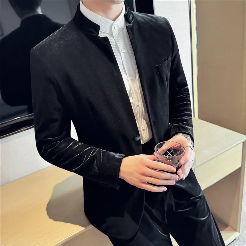 Chinese Style High-end Stand Collar Velvet Casual Suit Jacket for Men's Autumn Winter Thick Blazers Casual Business Dress Coats