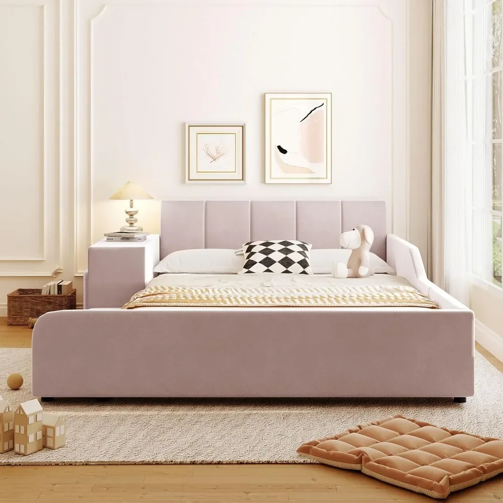 Modern Full Size Upholstered Grounded Bed Mother & Child Bed Velvet Fabric Upholstered Floor Platform Bed with Bedside Desk 3