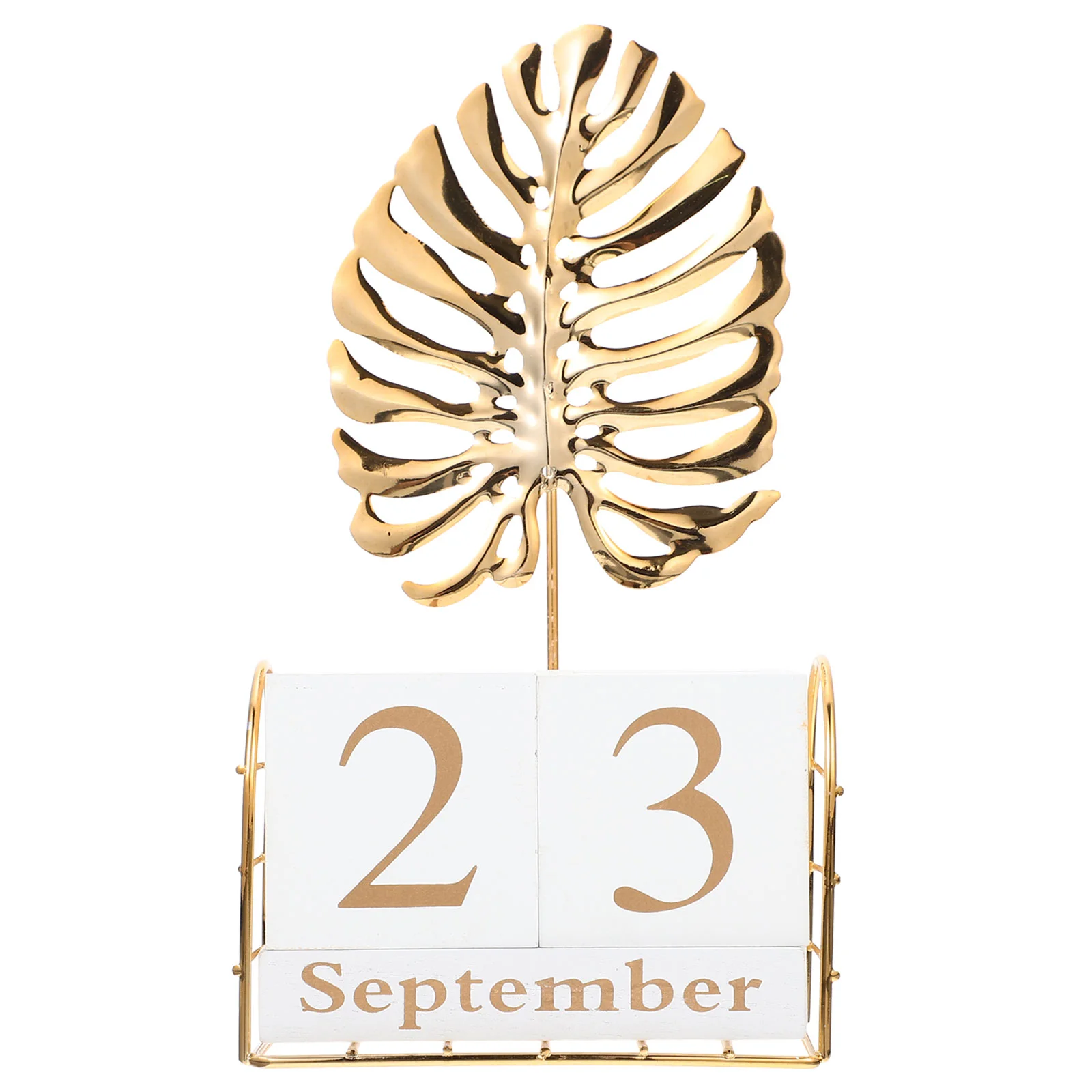

Garneck Wooden Block Perpetual Desk Calendar with Metal Palm Leaf Sculpture and Flip Calendar Pages for Tropical Themed Parties