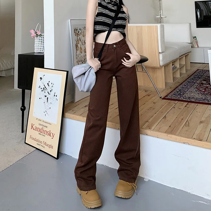 

High Waisted Baggy Jeans for Women 2022 Winter Autumn Korean Style Brown Denim Trouser Streetwear Straight Wide Leg Pants Female