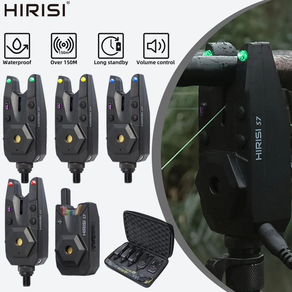 Kit alarme morsure sans fil Hirisi S7 pêche carpe 1+4 étanche LED volume réglable équipement