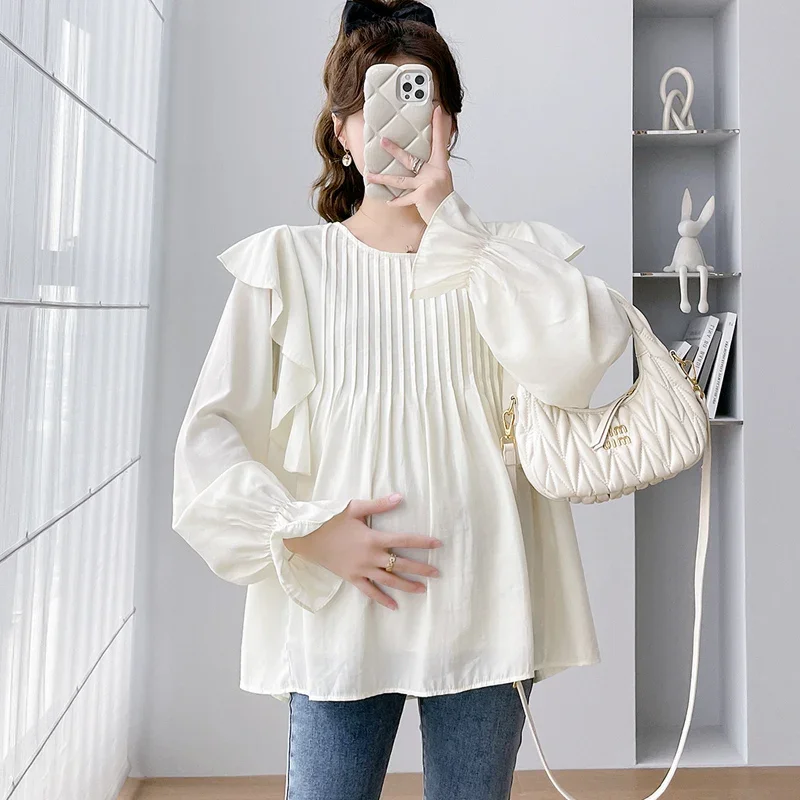 Spring Summer Long Sleeve Blouses for Maternity Sweet Ruffle A Line Tunic 24SS Y2k Pregnancy Tops