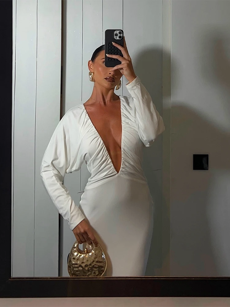 Nibber Chic Birthday Party Maxi Dress Women Y2K Elastic Long Sleeve Elegant Ruched Stretchy Skinny Cocktail Deep V-Neck Vestidos