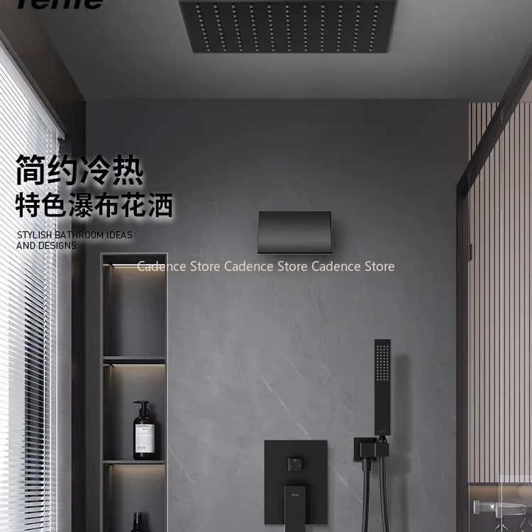 Matte Black Thermostatic Rain น้ําตกก๊อกน้ําชุดปกปิด Thermostatic Mixer Tap ติดผนังระบบ 1
