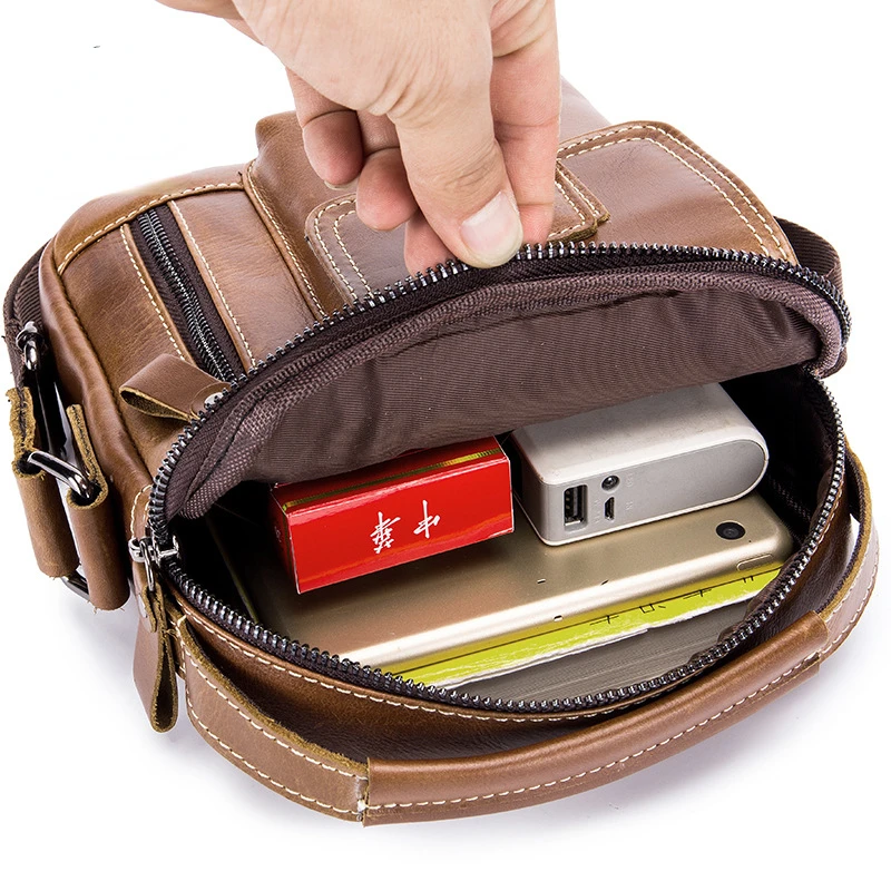 Cowhide Men's Small Bag Leather Single Shoulder Bag Men's Retro Casual Vertical Crossbody Bag MINI Handbag Solid Color Brown