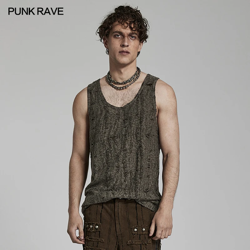 

PUNK RAVE Men's Punk Style Vest Summer Loose Decadent Handsome Cool Doomsday Mottled LeopardTees 2 Colors Streetwear