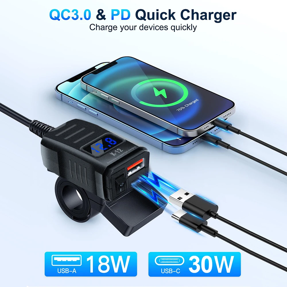 USB 오토바이 충전기 PD+QC3.0 방수 고속 충전기 소켓 어댑터 핸들바 장착 브래킷 충전기 12V/24V 오토바이