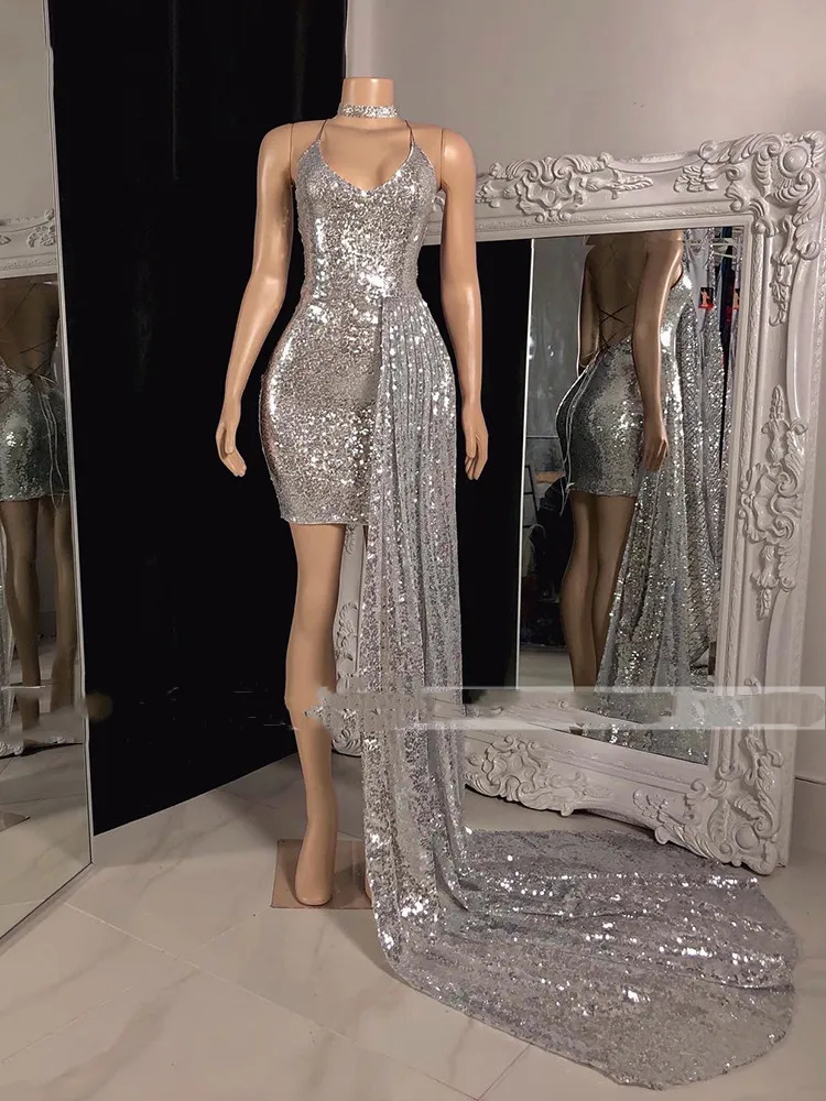 Sexy Backless Silver Short Prom Dresses Black Girls Sequined With Side