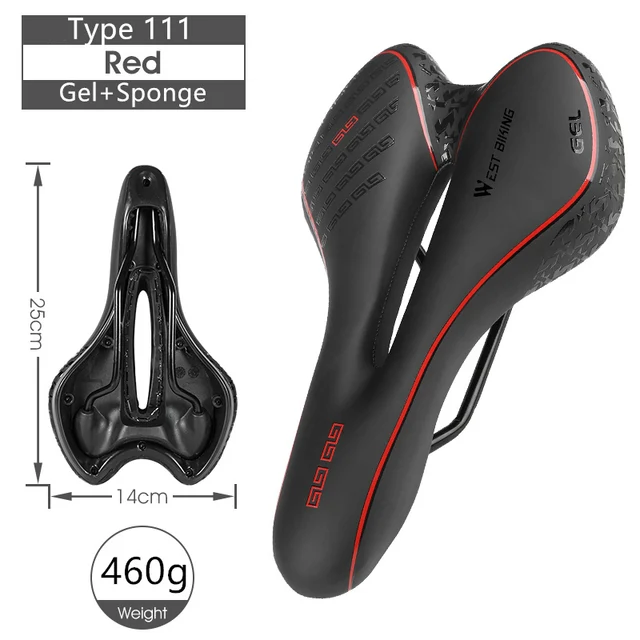 WEST BIKING Bike Saddle MTB Mountain Road Bike Seat PU Leather Gel Filled Cycling Cushion Comfortable Shockproof Bicycle Saddle 111 Black Red