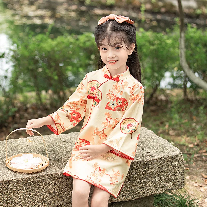 Baby Girl Spring Autumn Qipao Chinese-Style Flower Print Tang Costume 1-10 Yrs Loose Sleeves Embroidered Dress Birthday Gift