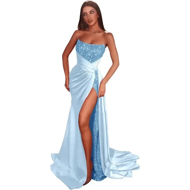 PuTao-vestidos de graduación con lentejuelas brillantes, vestido de dama de honor con abertura de sirena de satén, vestido de boda Formal largo y elástico brillante, vestidos de noche