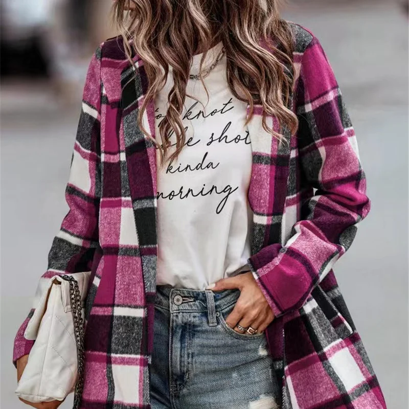 2023 Autumn/Winter New Age Reducing Lazy Style Simple Slim Loose Plaid Print Long Sleeve Pocket Suit Collar Woolen Female Coat