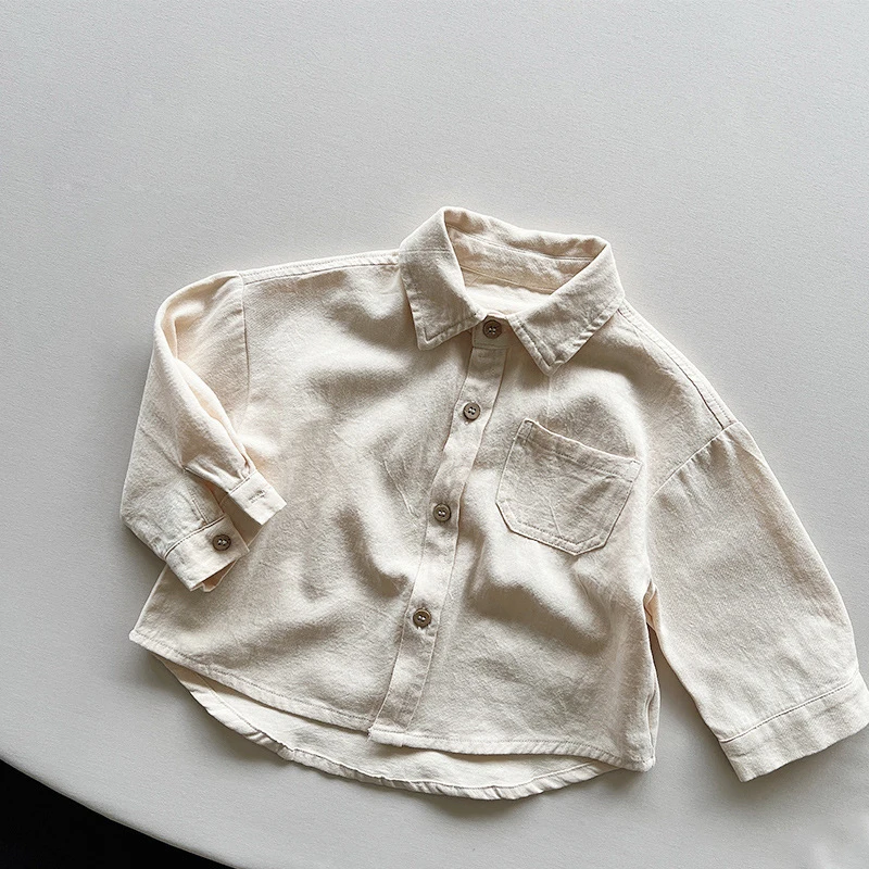 Spring Autumn Children Shirts 1-8Y Boys Cotton Pocket Solid Daily Long Sleeve Tops Korean Kids Wear Toddler Clothing New