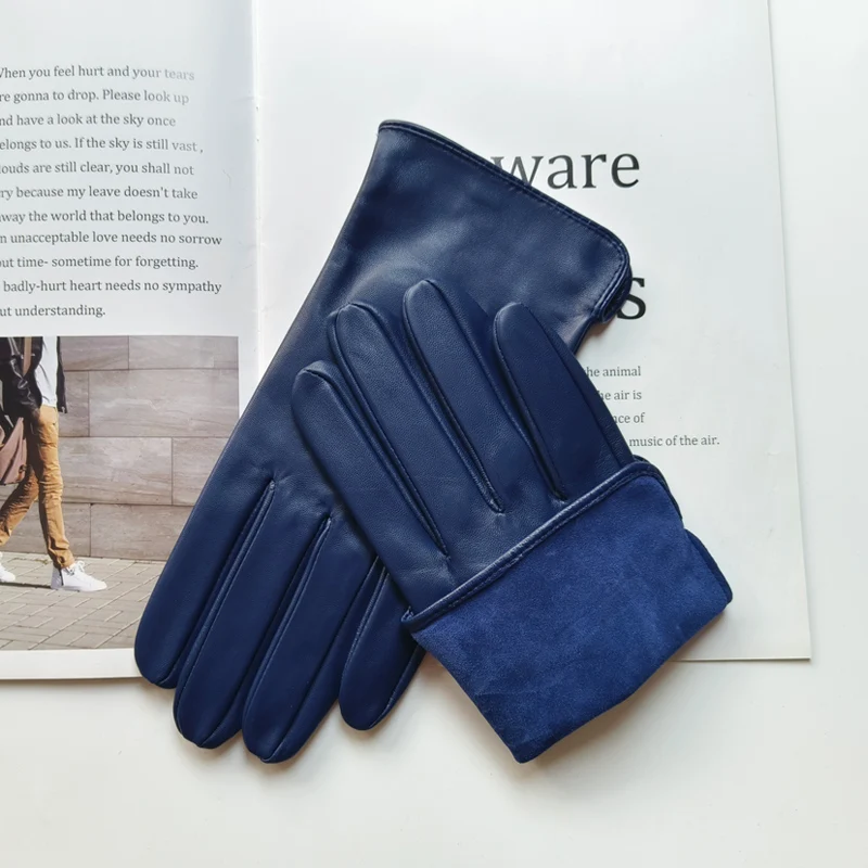 Men's Sheepskin Driving Gloves Solid Color Thin Single Leather Unlined Touch Screen Fashion Ripple Riding Motorcycle Gloves