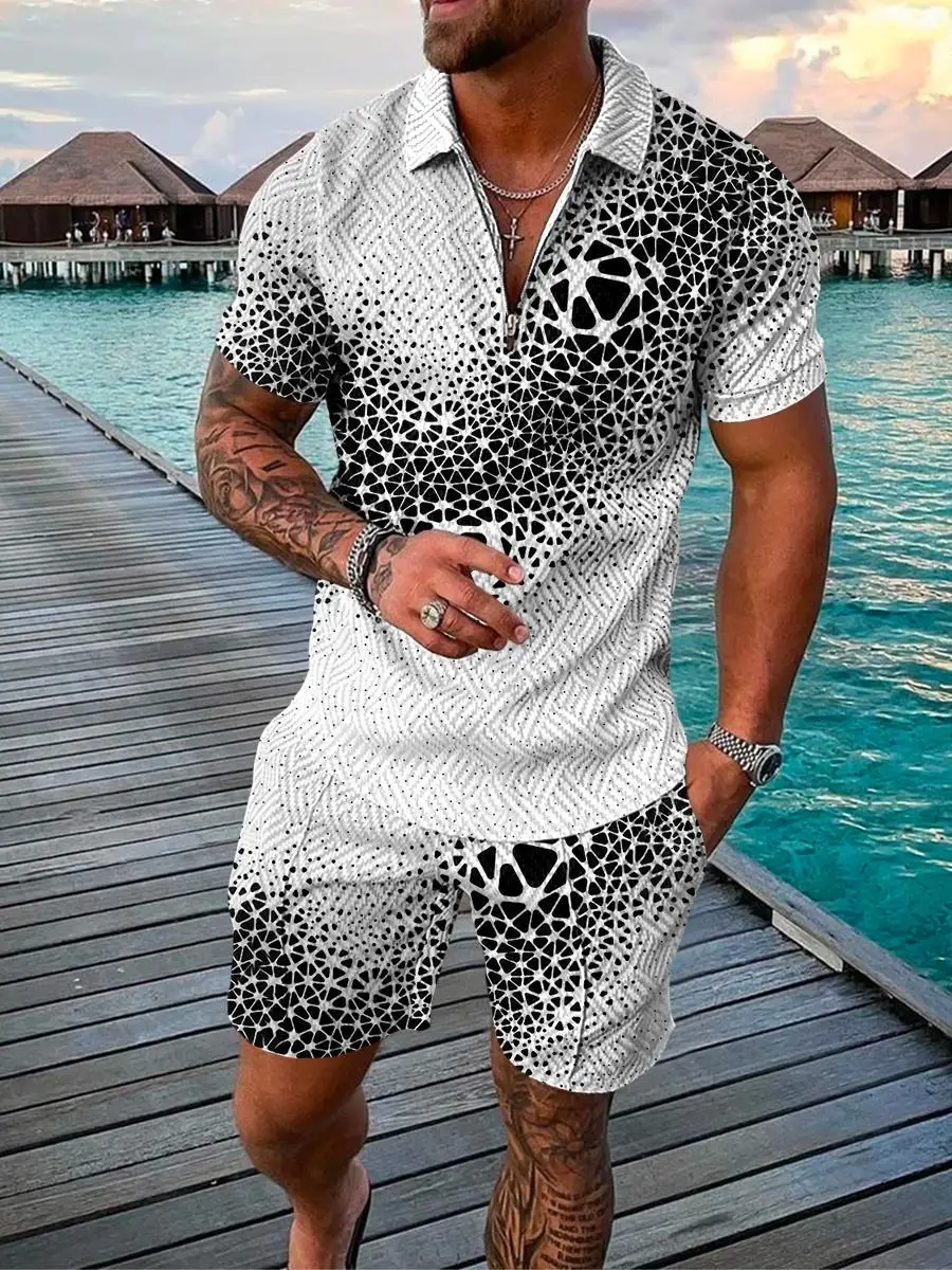 Men Zipper Collar Polo Shirt And Shorts 2pcs Sets Street T-shirt Piece Casual Sportswear Ropa Hombre 3D Vintage Man Clothing 3