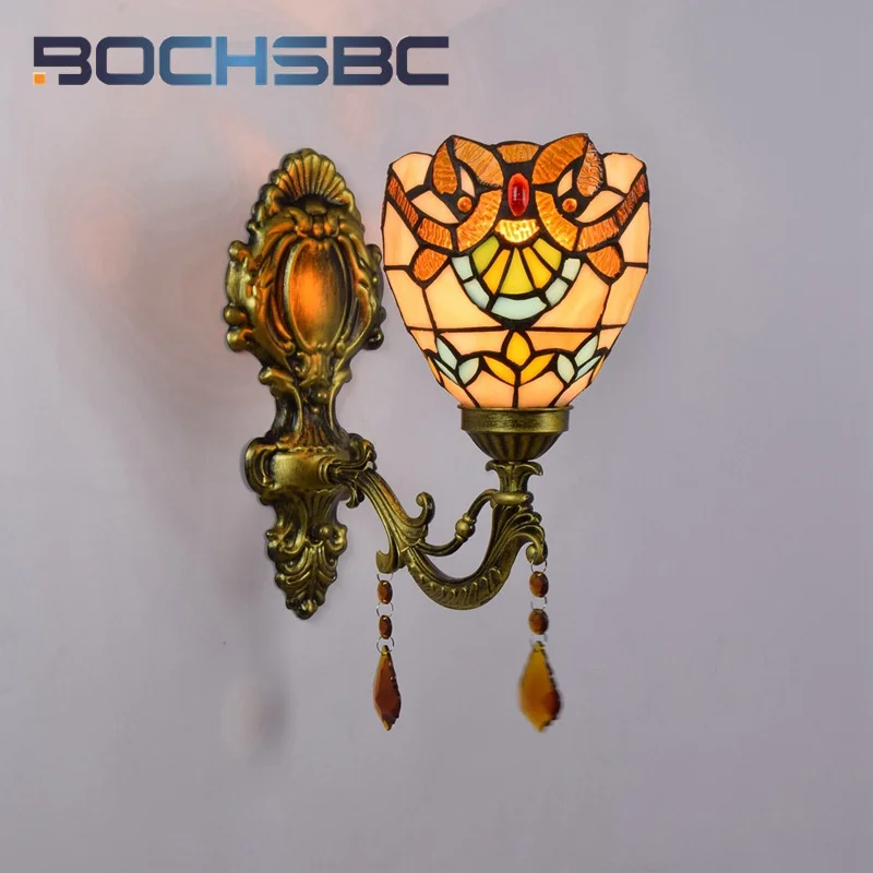 

Цветное стекло BOCHSBC в стиле Тиффани, желтая барочная Ретро настенная лампа, спальня, Хрустальная кровать, бра, коридор, балкон, искусственное украшение