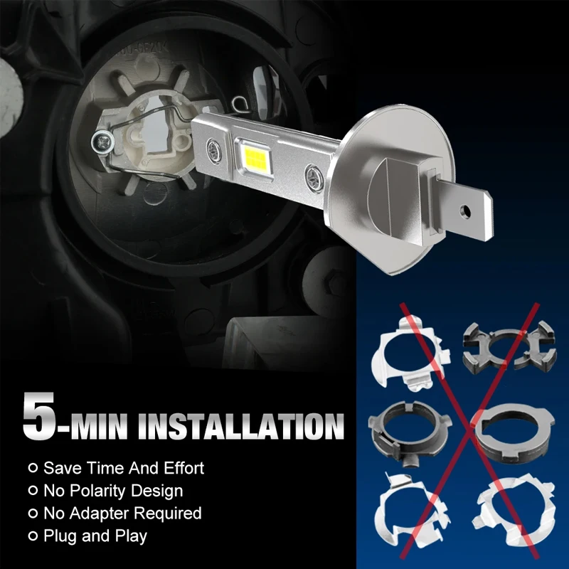 2개입 H1 LED 헤드라이트 CANBUS 오류 없음 3570 CSP 칩 6000K 백색 전구 300000LM 플러그 앤 플레이 자동차 램프 팬리스 12V
