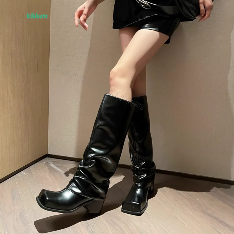 

Square Toe Leather Knee High Boots,Thick Heel Straight Boots Motorcycle Boots for Women Plus Size 2024 New Zapatos Para Mujere